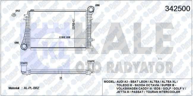 KALE 342500 Turbo Radyatoru (Intercooler) Vw A3/Leon-Altea-Toledo Iii/Octavia-Superb/Caddy Iii-Eos-Golf-Golf V-Jetta Iii-Passat-Touran (615x406.6x32) (Al/Pl/Brz)